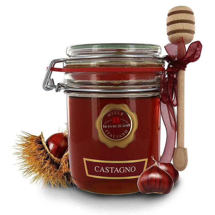 Brezzo Raw Chestnut Honey in Gift Jar w/ Wooden Honey Dipper, 14.1oz (400g)