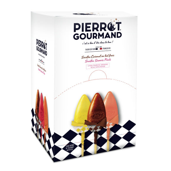 Pierrot Gourmand - 100 Sucettes Aromatisées Fruits &amp; Caramel, Boîte Distributeur 45.8oz