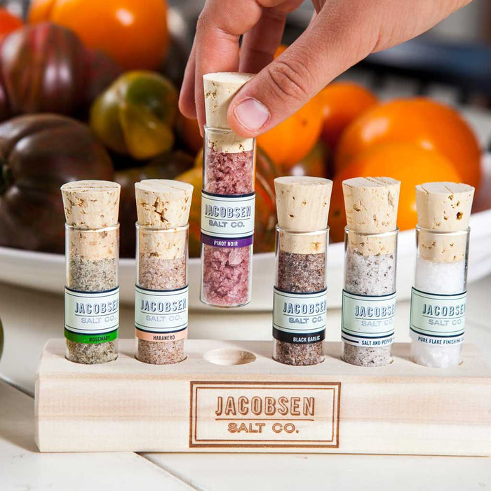 Jacobsen Salt - 6 Vial Infused Sea Salt, Wooden Stand Gift Set - myPanier